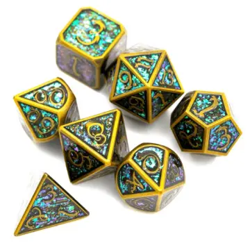 Gold Cloud Dragon Metal Dice Set – 7-Piece Purple Green Glitter DnD Dice