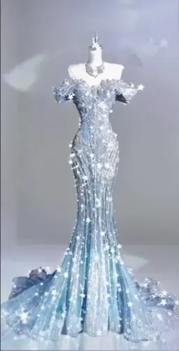 Light Blue Off-the-Shoulder Waist-Cinched Slim-Fit Crystal-Embellished Sexy & Luxe Ball Gown R7146