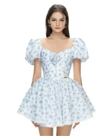 Blue floral puff sleeves slim waist slim fit puffy skirt homecoming dress R4814