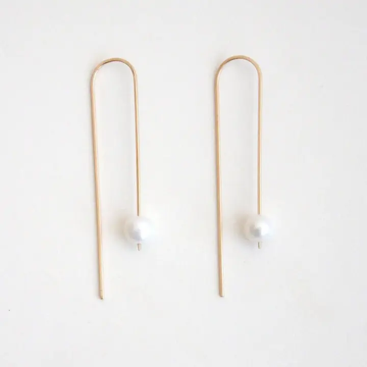 Long Arc Threader Earrings with Large Pearl