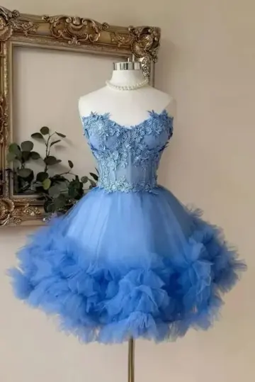 Blue Dreamy Homecoming Dress , Embroidered Tulle Corset Elegant Short Prom Dress RS1659