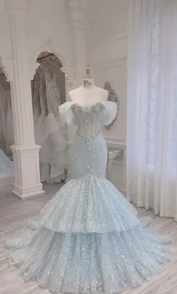 Charming Pale Blue Prom Gown , Tulle Glitter Trered Bodycon Maxi Evening Dress Celebrity Dress RS1626