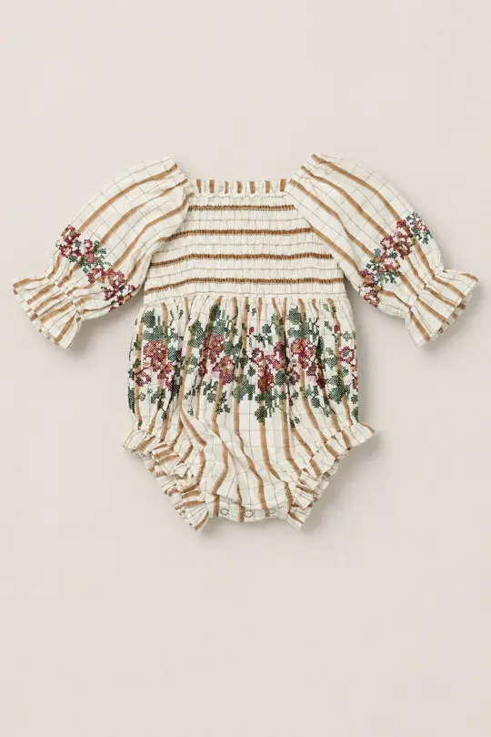Baby Madeline Romper in Embroidered Cider Grid