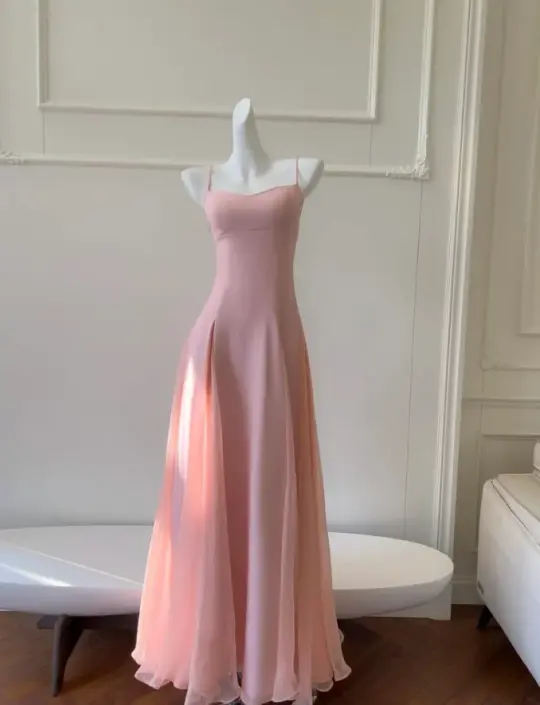 Minimalist Blush Pink A-Line Spaghetti Straps Corset Maxi Prom Dress Summer Dress RS523