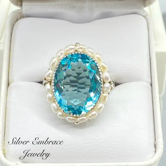 Aquamarine Ring, Size 9, Pearl Accent Silver Filigree, Victorian Jewelry #D3 - Ready to Ship
