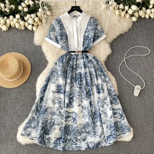 French palace style short-sleeved printed dress with waist and fairy temperament long dress R2241