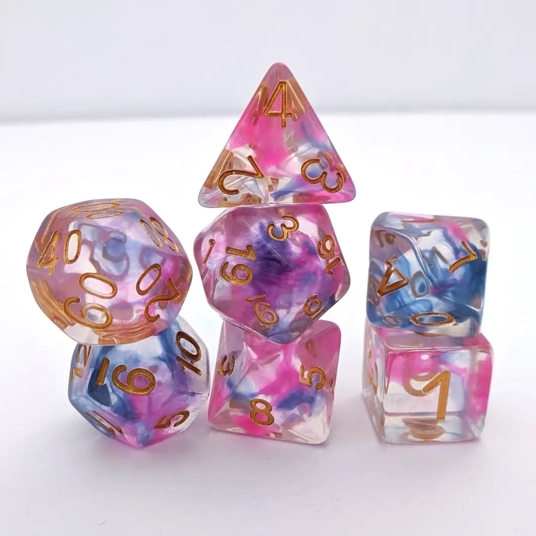 Morning Glory Dice Set – 7-Piece Translucent Pink Blue Swirled Polyhedral DnD