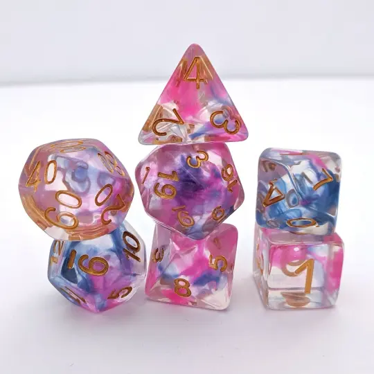 Morning Glory Dice Set – 7-Piece Translucent Pink Blue Swirled Polyhedral DnD