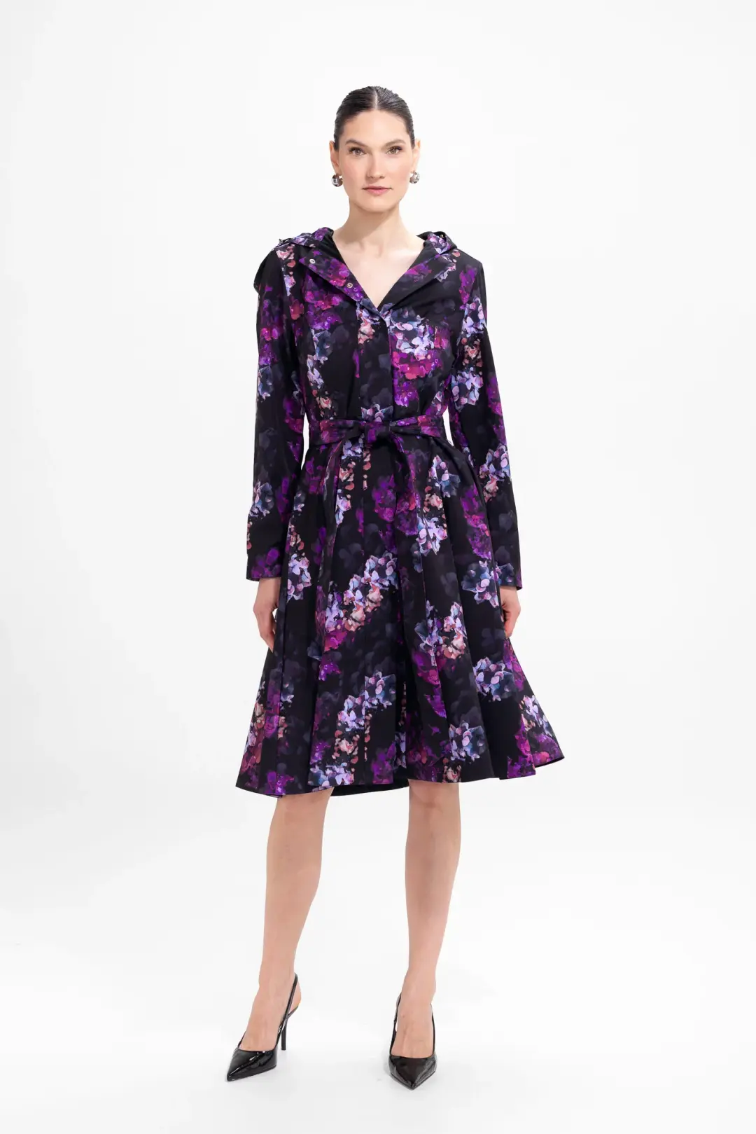Fit and Flare Coat with A-Line Skirt in Black and Purple | Hortense