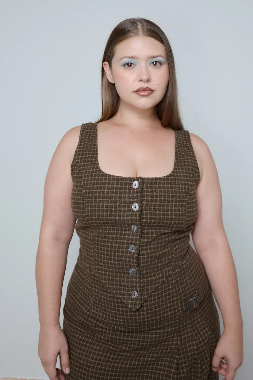 Moss Plaid Wool Blend Button Up Vest Crop Top