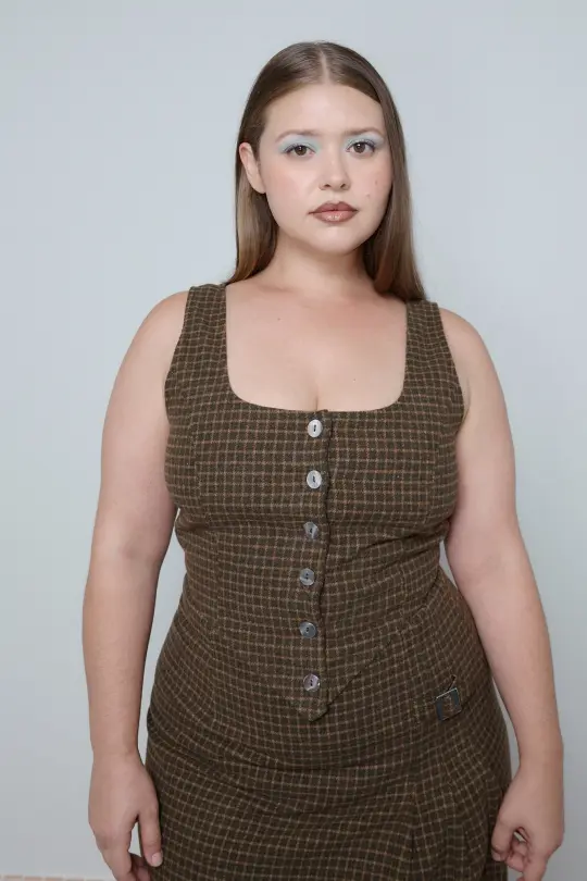 Moss Plaid Wool Blend Button Up Vest Crop Top