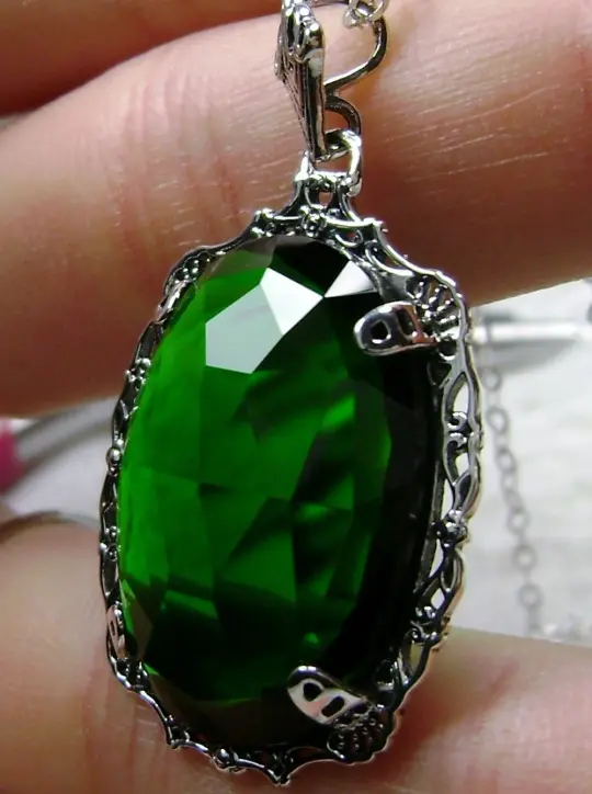 Green Emerald Pendant, Victorian Reproduction Pendant Necklace, Bubble P10