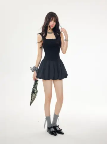 Spaghetti Strap Slim Fit Mini Dress Women Summer Puff Bubble Skirt Cami Dress R9381