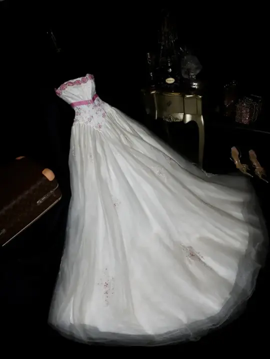 White strapless, fitted A-line long ball gown R6987