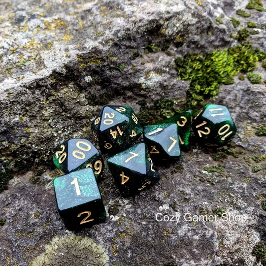 Ranger DnD Dice Set, 7-Piece Black and Green Glitter Dice