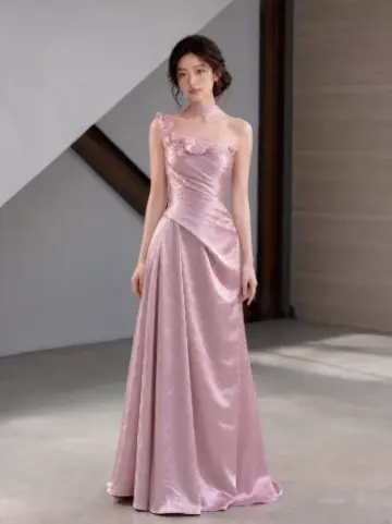 Silky Satin Applique Corset Prom Gown , Pink Women's Maxi Evening Dress Birthday Dress RS2658
