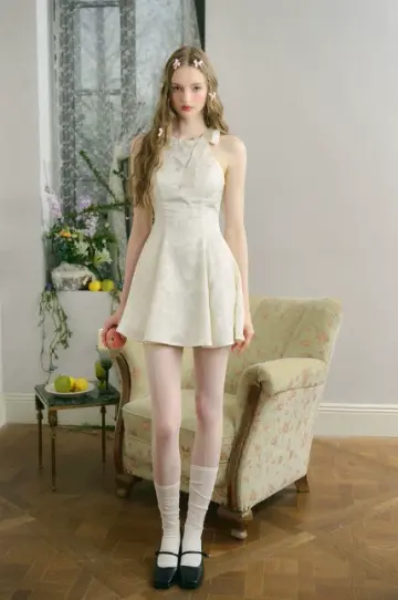 Cream White Halter Mini Dress with Jacquard Fabric, Bow Detail, Open Back and Flared Skirt R9261