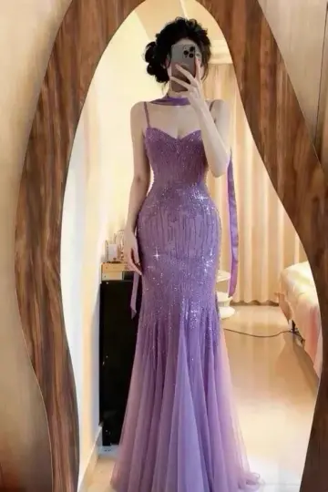Soft Lavender Mermaid Spaghetti Straps Long Women Dress Party Dress Prom Dress RS107