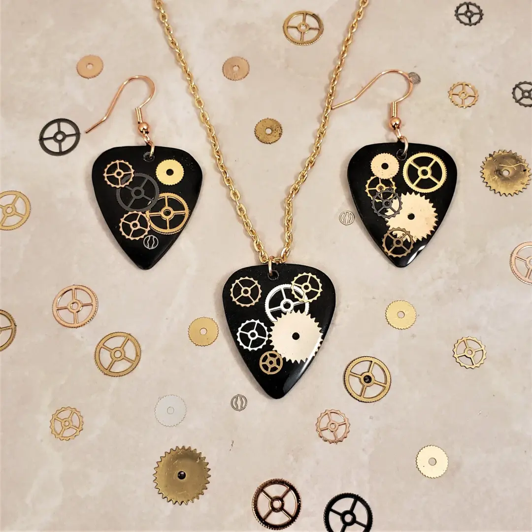 Custom Resin Gear Guitar Pick Necklace and Earrings