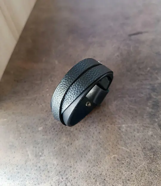 Wide Black Leather Bracelet | Chunky Unisex Watchband Style Cuff