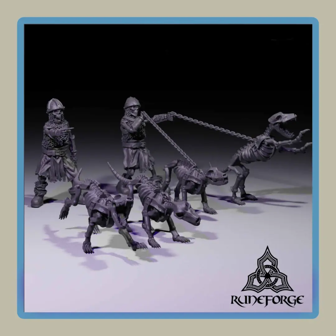 render of 28mm miniature undead armored skeletons with undead hounds