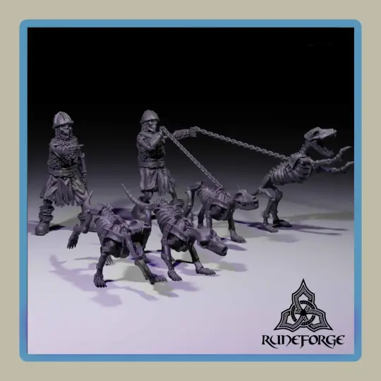 render of 28mm miniature undead armored skeletons with undead hounds