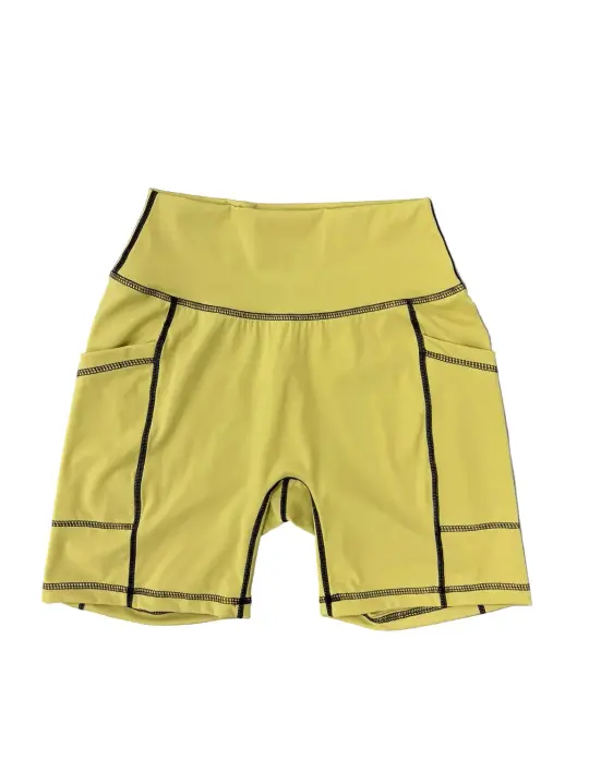 SAMPLE #420 - S Contrast Stitch Pocket Yoga Shorts - Yellow Green