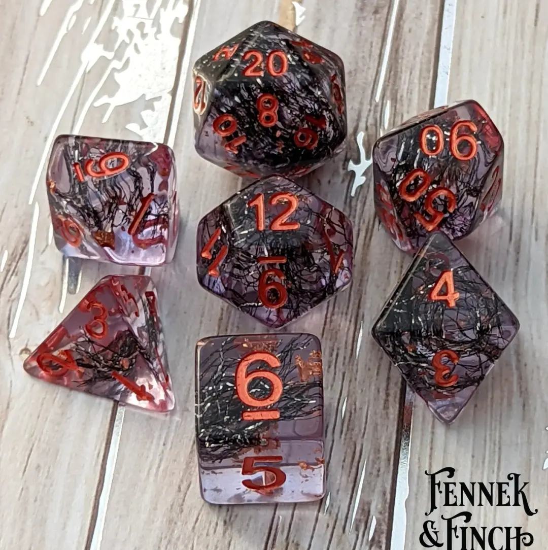 Hollow One Dice Set – 7-Piece Undead Purple with Thread & Copper | Fennek & Finch