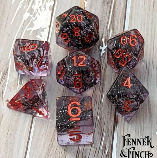 Hollow One Dice Set – 7-Piece Undead Purple with Thread & Copper | Fennek & Finch