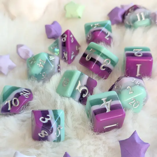 Fae Dragon Dice Set – 7 and 11-Piece Purple Teal Shimmer DnD Dice | Fennek & Finch