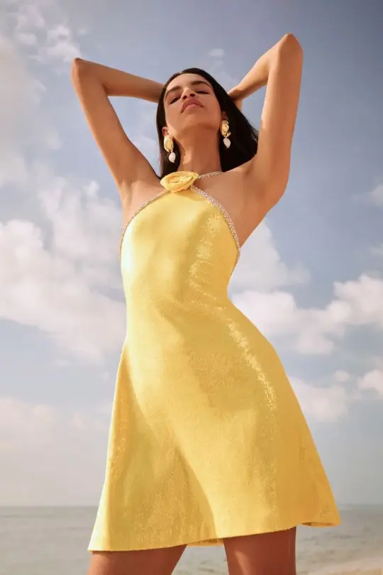 Yellow halter neck slim waist slim fit sexy short skirt homecoming dress R3722