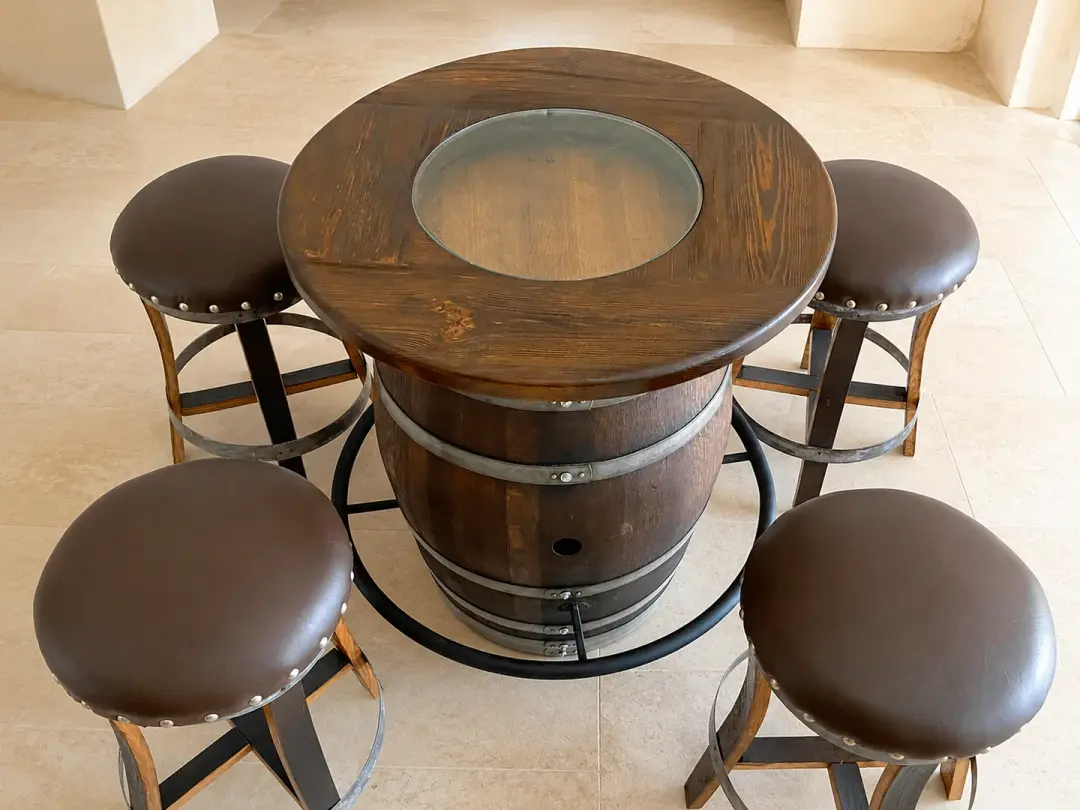 Whiskey & Wine Barrel Round Top with Glass Center — Wire-Brushed Oak, Fits 53–59 Gal