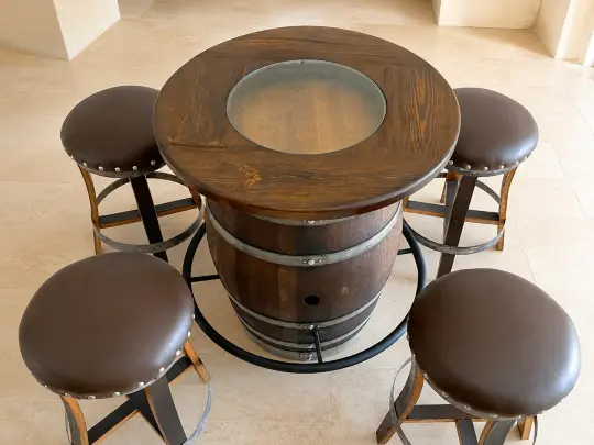 Whiskey & Wine Barrel Round Top with Glass Center — Wire-Brushed Oak, Fits 53–59 Gal