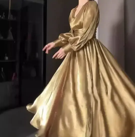 French Chic Golden High Waist A-Line V-neck Long Women Dress with High-Slit Prom Dress Evening Dress RS085