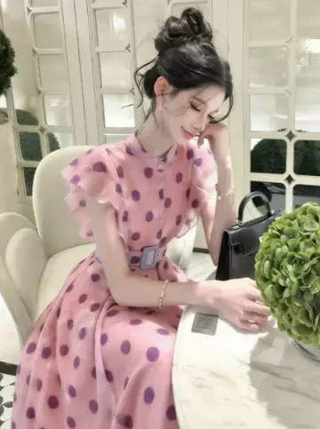 French Chic Pink A-Line High Collar Polka Dots Maxi Prom Dress Evening Dress RS526