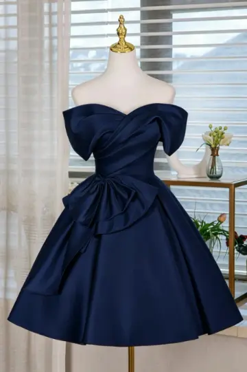 Elegant Navy A-Line Bateau Bow Waist Ornament Bodycon Mini Prom Dress Homecoming Dress RS357