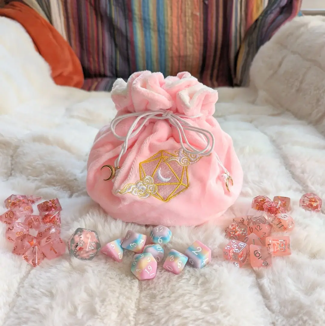 Dreamy Pink Dice Bag Multi Pocket - D20 Moon and Clouds Embroidered - DND Dice Bag with 6 Pockets - TTRPG Dice Storage - Fennek and Finch