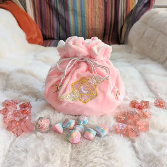Dreamy Pink Dice Bag Multi Pocket - D20 Moon and Clouds Embroidered - DND Dice Bag with 6 Pockets - TTRPG Dice Storage - Fennek and Finch