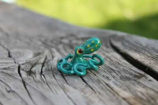 Handmade Green Glass Octopus Figurine With Yellow Spots Ocean Art