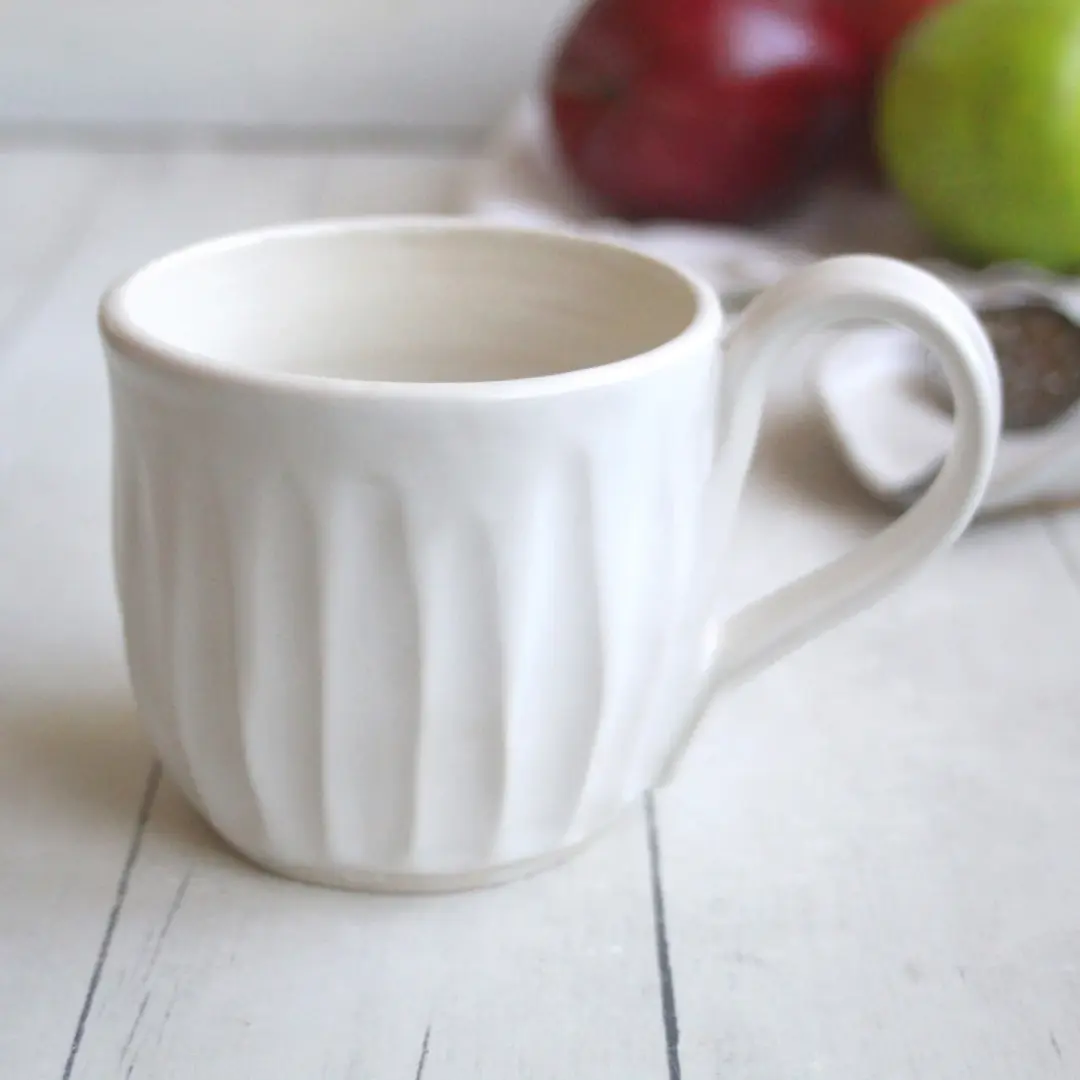 Hand Carved White Mug with Rustic Groves, 11 Ounce Pottery Mug, Made in USA