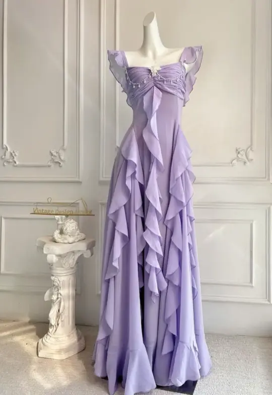 Flowy Lavender Prom Dress ,A-Line Square Pleated Corset Midi Party Dress RS987