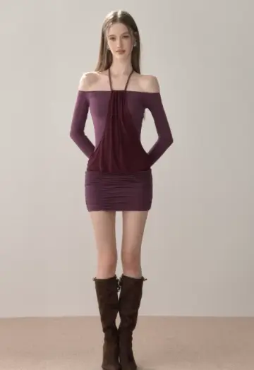 Halter Off-Shoulder Long Sleeve Dress With Ruched Skirt And Mesh Detail R9283