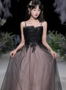 Cute Black A-Line Spaghetti Strap Satin Long Birthday Dress with Embroidery and Tulle RS007