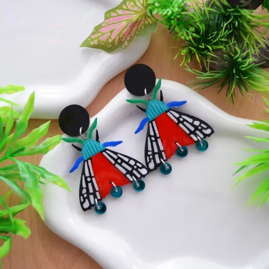 Black and Red Geometric Moth Insect Laser Cut Acrylic Earrings
