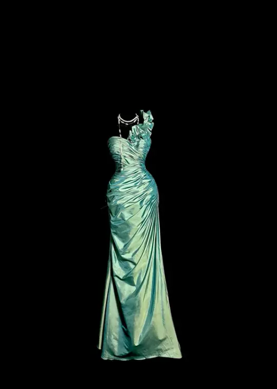 Green satin one-shoulder pleated waist long ball gown R6617