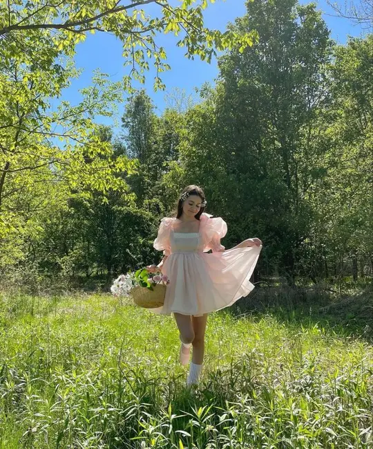 Light pink puff sleeve waist slim fit puffy princess skirt homecoming dress R3507