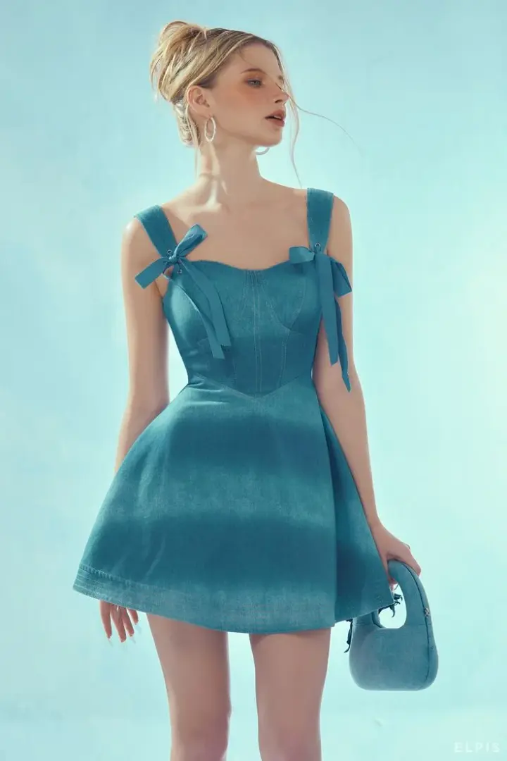 Dreamy blue sling bow waist slimming A-line short skirt homecoming dress R3366