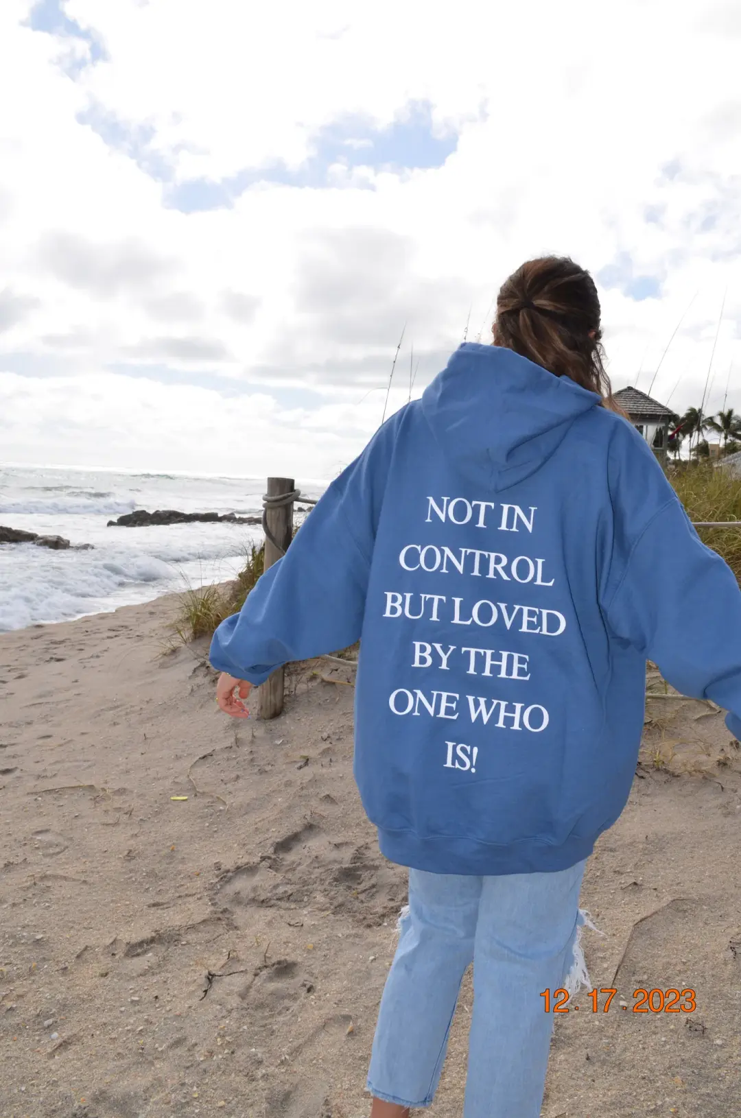 "not in control but loved by the One who is" hoodie in indigo