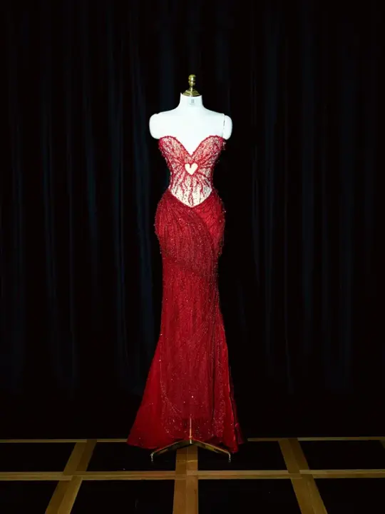 Red strapless, fitted waist, bodycon, sexy long ball gown/bridal dress R8949