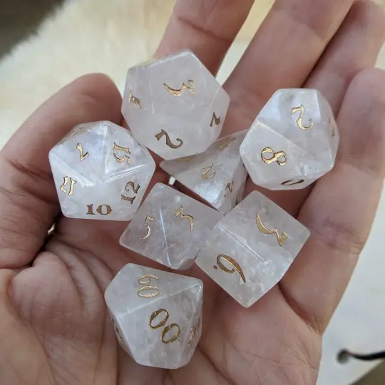 Clear Quartz Gemstone Dice Set – 7-Piece Real Crystal Stone DnD Dice